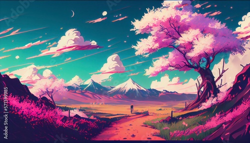 beautiful landscape in spring season with the mountain in anime style geneartive ai 