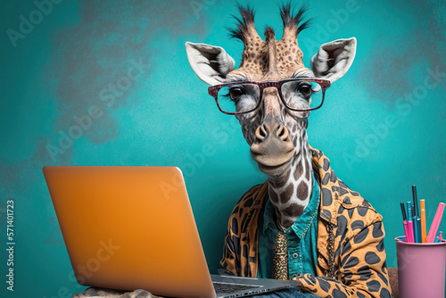 Studio photo portrait of a happy giraffe in hipster clothes working on laptop, concept of Vibrant Colors and Creative Pose, created with Generative AI technology