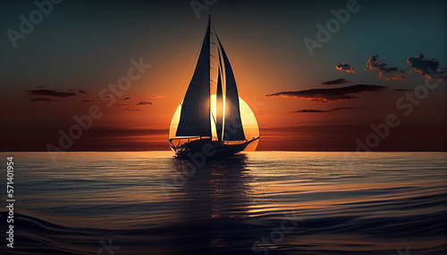 Yacht sailing against sunset. Holiday lifestyle landscape with skyline sailboat and two seagull. Yachting tourism - maritime evening walk. Romantic trip on luxury yacht during the sea sunset. © PaulShlykov