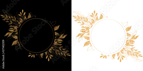 Elegant luxury frames, floral wreath, сircle monogram with hand drawn wild herbs and flowers. Vector illustration for invitation or wedding decor, logo, labels, branding, business identity