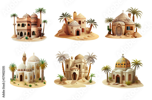 Cartoon set of composition Arabic houses in the desert isolated on white background. Design for print, book, sticker, poster. Desert life concept. Vector illustration