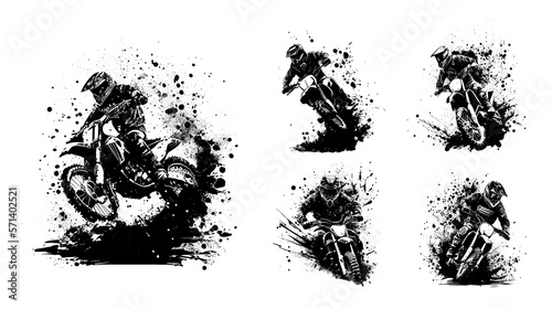 Watercolor black and white composition of a motorbike with a driver overcoming obstacles. Motorcycle, motocross, motorcycling grunge style. Check-in vector templates. The concept of motorsport. Vector