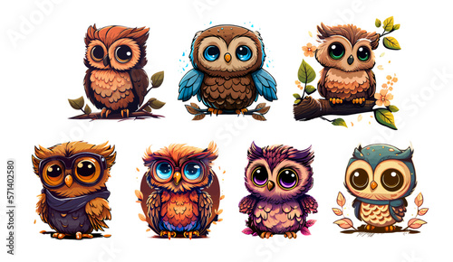 Colorful cartoon set of cute fairy owls isolated on white background. Set of cartoon owls with plumage and beak for print, game interface, book, sticker or poster. The concept of cute owls. Vector photo