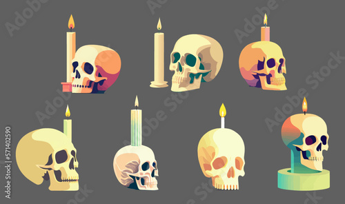 Cartoon colorful set of skull with candle isolated on gray background. Design for print, book, sticker, poster. Horror, horror concept. Vector illustration