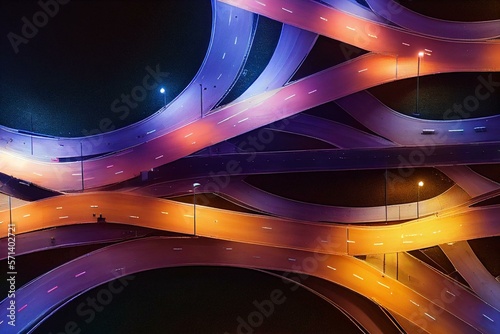 Tela Aerial top view road roundabout interchange in city at night, Aerial view of highway and overpass in city at night