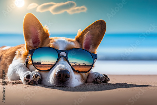 Cute Dog Sleeping on the Beach with Sunglasses (Created with Generative AI)