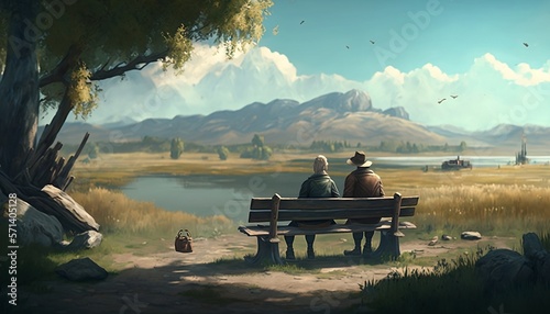 Two people sitting on a bench overlooking the landscape and mountains, Generative AI, landscape, blue sky