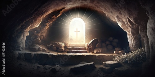 The tomb is empty, yet light is coming from the outside. Resurrection of Jesus Christ. idea of Easter in Christianity. Generative AI photo
