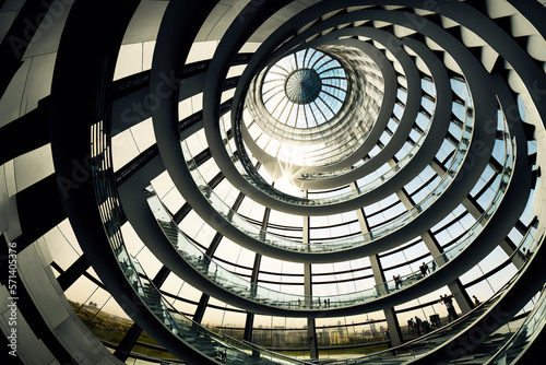 Billede på lærred Modern spiral dome inside glass metal building spiral stairway