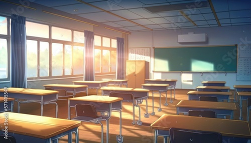 Deserted Anime Classroom: Just Sun, Desks and Chairs, AI Generative