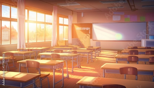 Deserted Anime Classroom: Just Sun, Desks and Chairs, AI Generative © NikoArakelyan