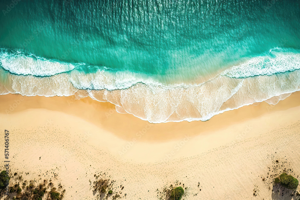Top view of sandy ocean beach with turquoise sea water, generative ai