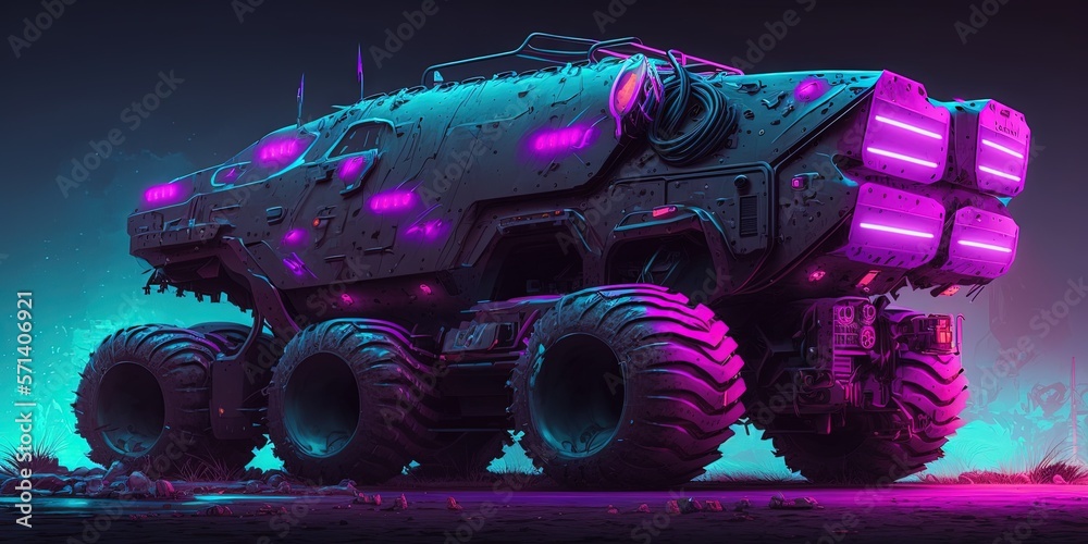 An electronic illustration of a cyberpunk vehicle. Bright neon lights