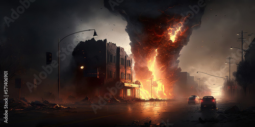 dystopic apolyptic explosion and fire and smoke in the destructed city, generative ai