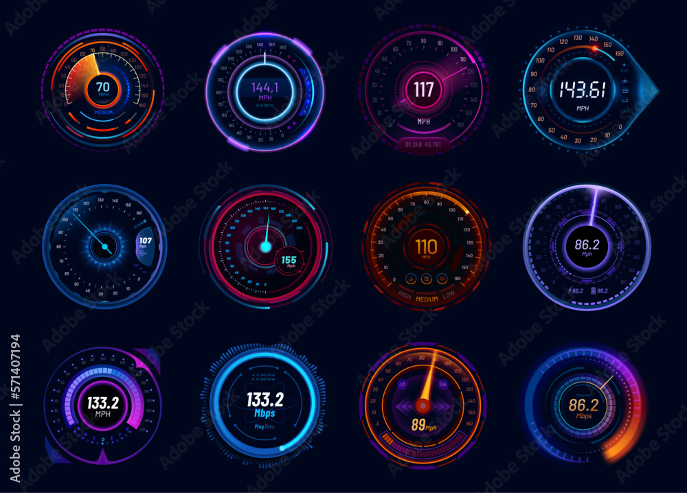 Futuristic car speedometer gauge neon dials - obrazy, fototapety, plakaty 