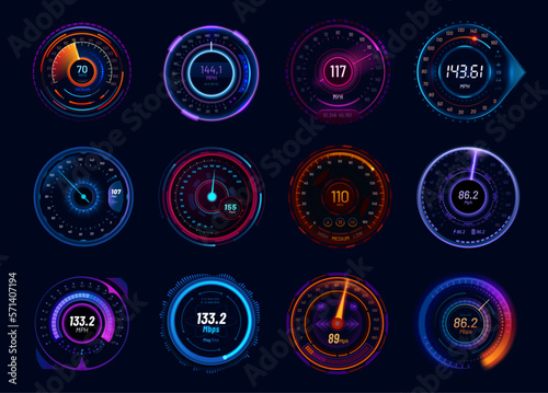 Futuristic car speedometer gauge neon dials