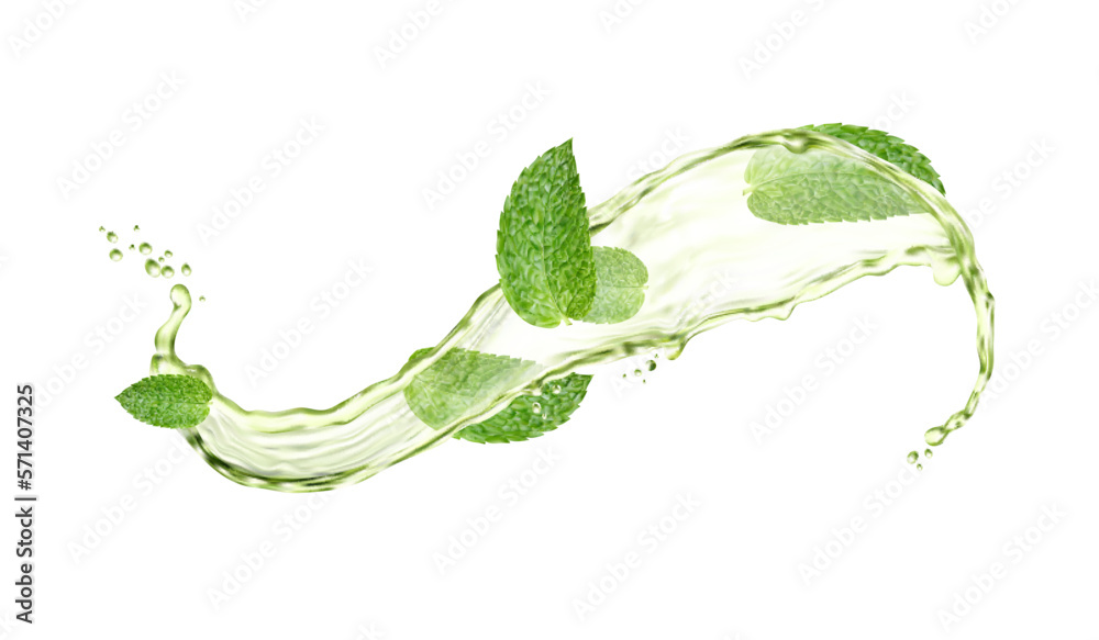 Green herbal tea splash and drops with mint leaves - obrazy, fototapety, plakaty 