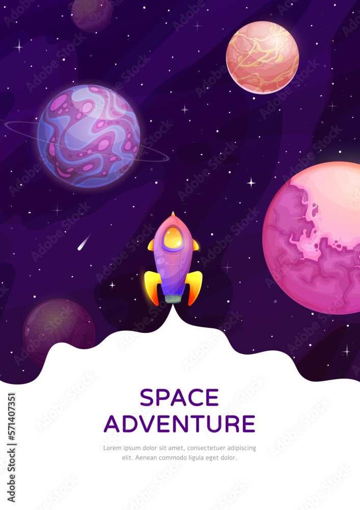 Space adventure, starry galaxy and rocket poster Space adventure, starry galaxy and rocket poster