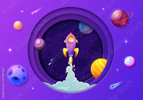 Space paper cut rocket launch, galaxy planets