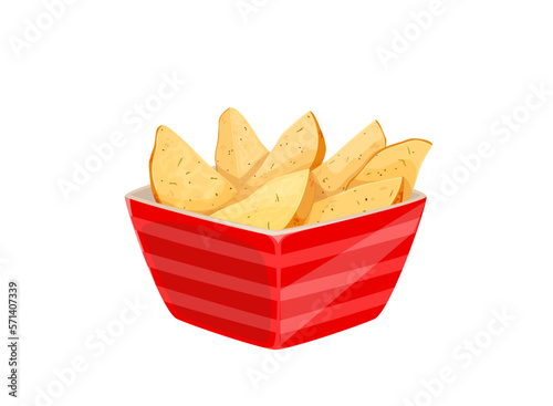 Cartoon fried potato, isolated wedges in bowl