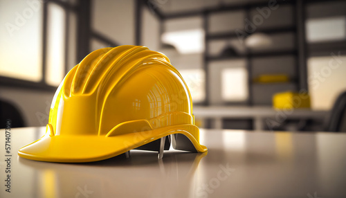  Close-up on one safety matte yellow plastic helmet on a metal table indoors with a clean cold modern industry background. 