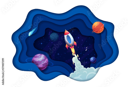 Space paper cut galaxy planets and rocket launch