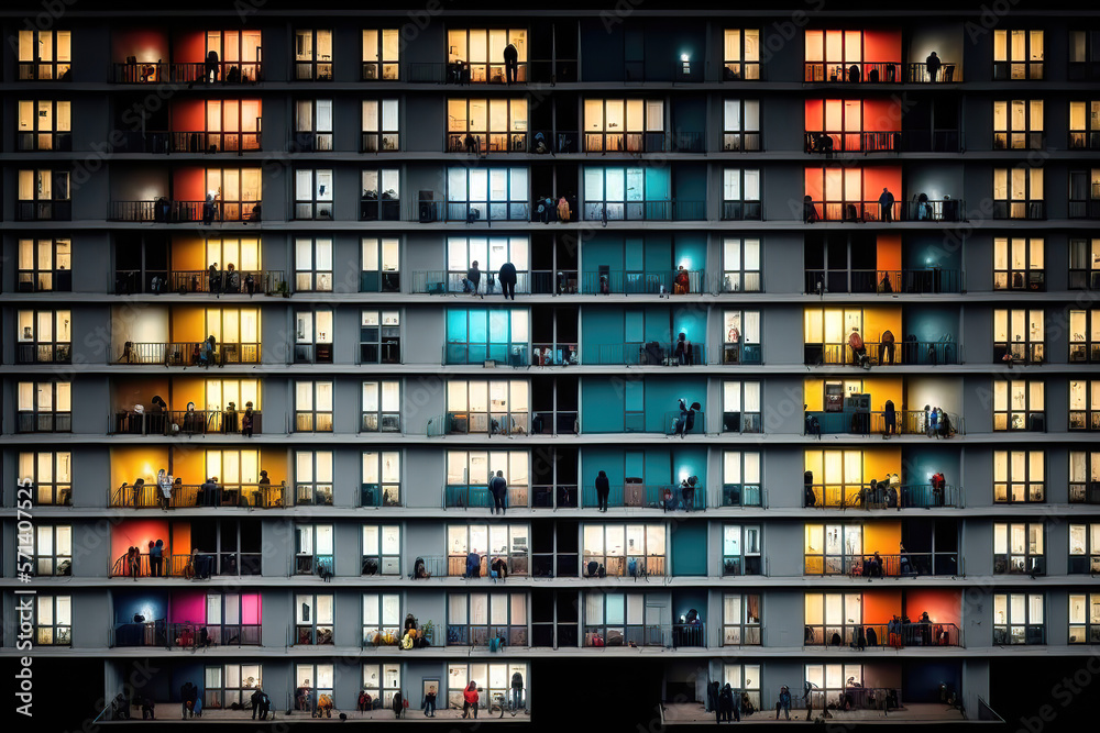 Colorful facade of a modern office or apartment building features windows and balconies, generative ai