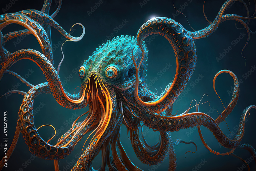 fantasy Cthulhu octopus nightmare monster in the sea, horrific tentacles, generative ai