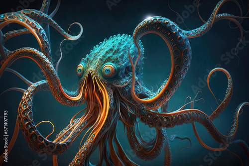 fantasy Cthulhu octopus nightmare monster in the sea, horrific tentacles, generative ai © Gbor