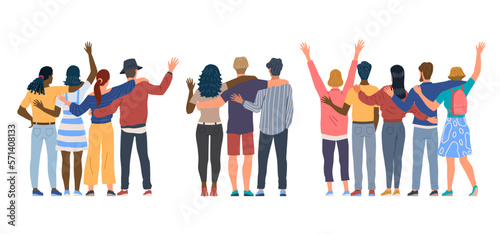 Set of Friends from behind. Back view. Guys and girls hug each other, celebrate event and stand together. Community of people with good relationships. Cartoon flat vector collection isolated on white