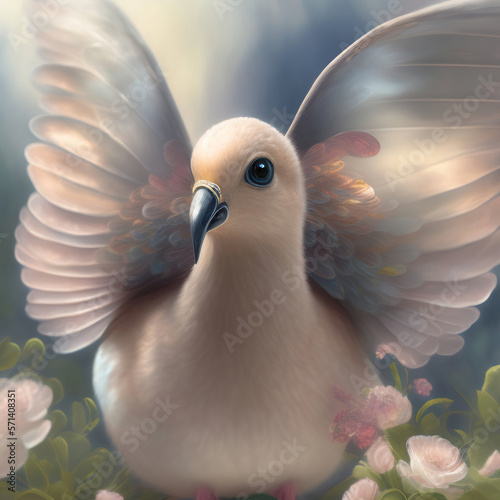 Generative AI: cute exotic fantasy dove very feathery in pastel colors on a light background photo