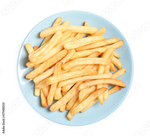 Plate of delicious french fries on white background, top view