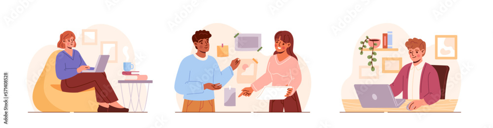 Fototapeta premium Set of creative people at work. Male and female freelancers or remote workers create project, present task and discuss design with partner. Cartoon flat vector collection isolated on white background