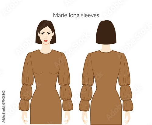 Marie sleeves long length clothes character beautiful lady in brown top, shirt, dress technical fashion illustration, fitted body. Flat apparel template front, back sides. Women, men unisex CAD mockup