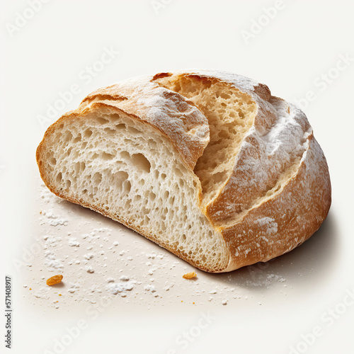 Ciabatta bread, elongated, wide and flat. Bread of Italian origin, dough much wetter than traditional French bread. 3D realistic organic illustration, on white background. Generative AI Technology