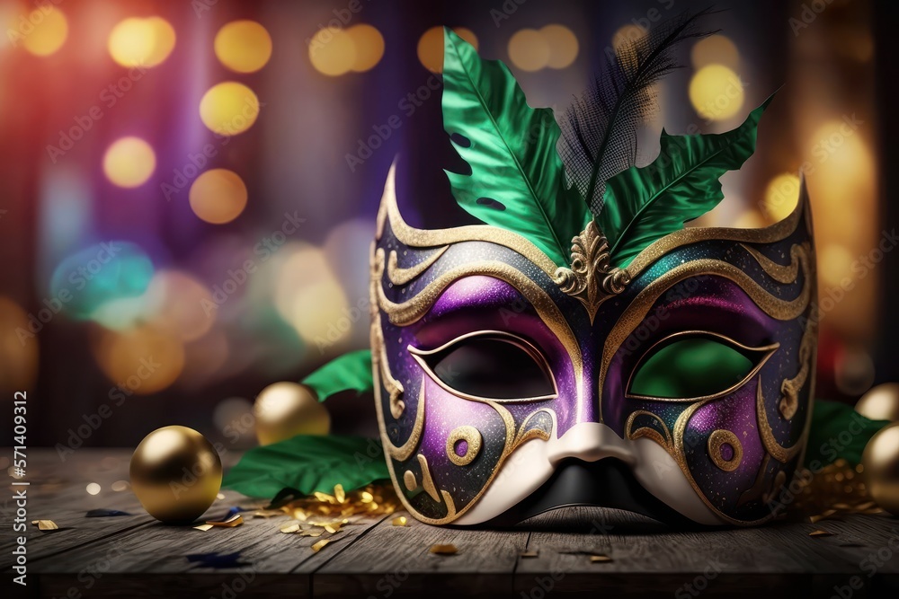 Carnival party. Venetian mask on table with bokeh background, banner. generative ai