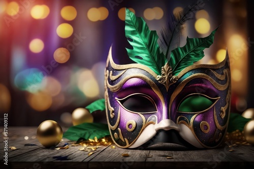 Carnival party. Venetian mask on table with bokeh background, banner. generative ai © avrezn