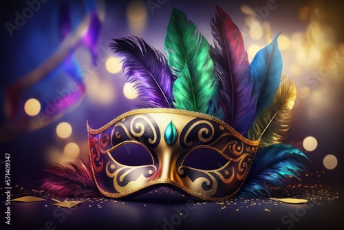 Carnival party. Venetian mask on table with bokeh background  banner. generative ai