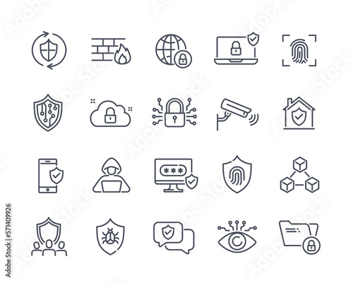 Set of security line icons. Data protection system, biometrics, video surveillance, authorization and cyber lock. Design elements for site. Cartoon flat vector collection isolated on white background
