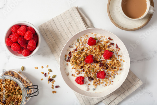 Granola with Red Raspberries and coffee