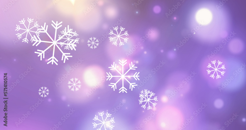 Digital image of snowflakes falling against spots of light on purple background
