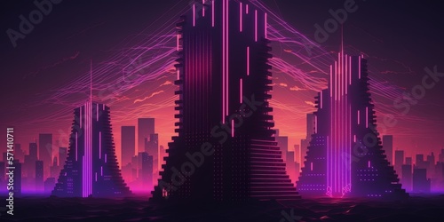 Synthwave neon scene with a grid and luminous towers. Concept for an electric video game with retrowave cyberpunk soundtrack. Generative AI