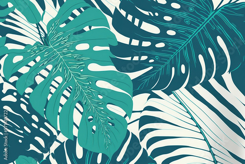 Tropical monstera leaves in shades of blue, green, and white form a continuous design. wallpaper with exotic flowers. Jungle vegetation . Generative AI