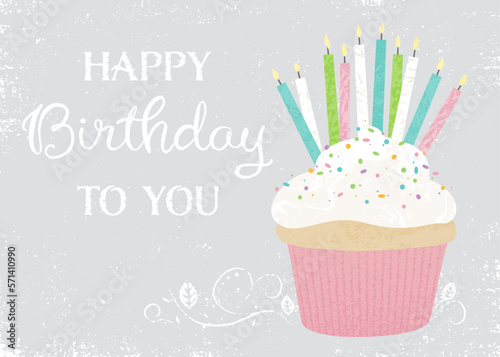 Birthday cupcake loaded with candles and text, in a cut paper style with textures. 5x7 ratio greeting card design

