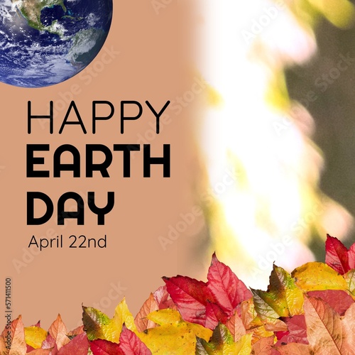Illustration of globe and autumn leaves with happy earth day and april 22nd text, copy space