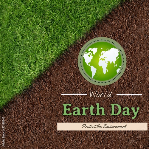 Composite of globe with world earth day and protect the environment text over grassy and muddy field