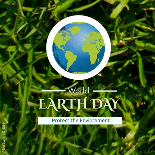 Composite of globe with world earth day and protect the environment text over grass growing on field