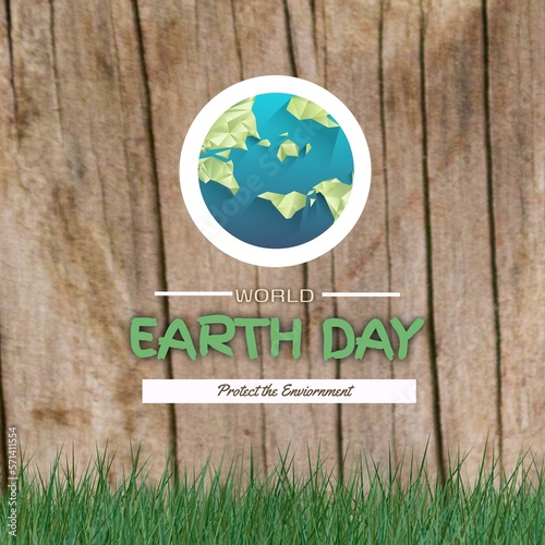 Composite of plants and globe with world earth day and protect the environment text over broken wood
