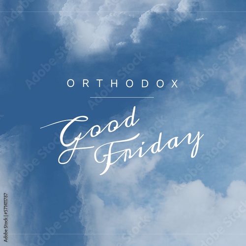 Composition of orthodox good friday text and copy space over clouds on blue background