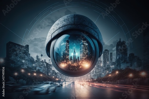 Smart city concept, internet of things, cloud and big data connection, blurring background, control by artificial intelligence or AI system, CCTV camera check and surveillance. Generative AI